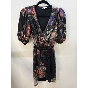 BTFL-life Floral Sequin Wrap Dress Black Purple Puff Sleeve Mini Medium